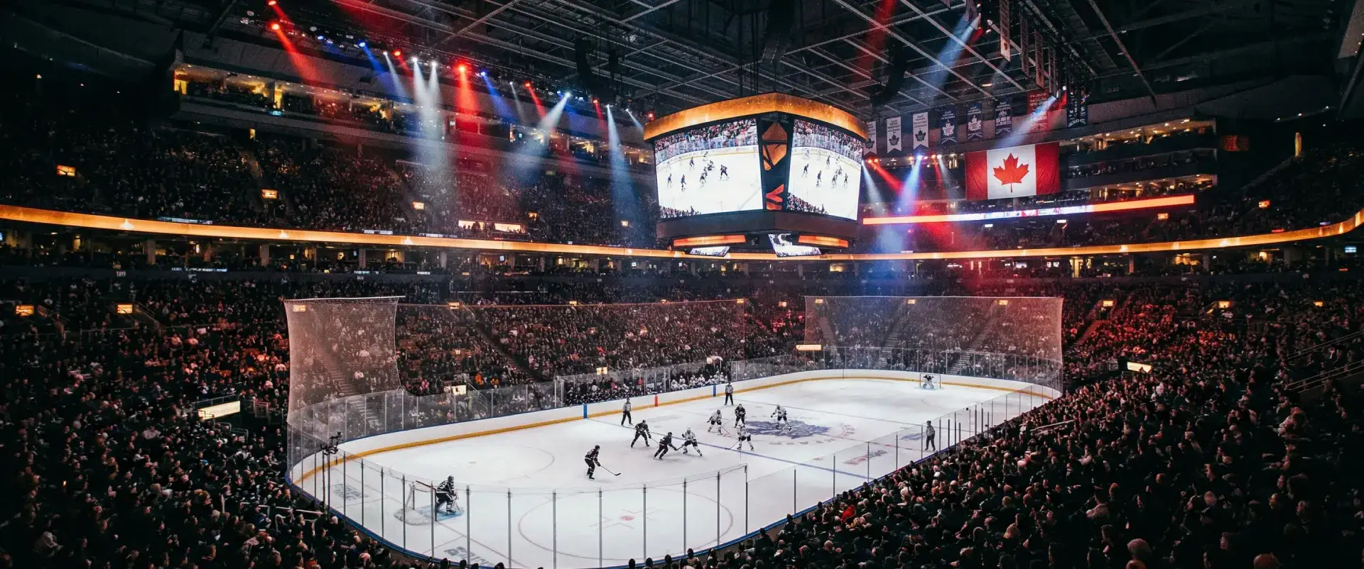 Arena de hockey sobre hielo en Canadá con iluminación dramática y bandera canadiense